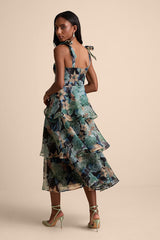 Playfully Posh Black Floral Organza Tie-Strap Tiered Midi Dress