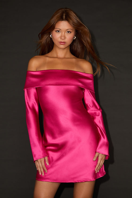 Luxurious Vision Berry Pink Satin Off-the-Shoulder Mini Dress