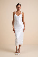 Cahya White Sequin Tie-Back Midi Dress