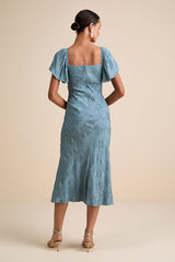 Effervescent Afternoon Slate Satin Flutter Sleeve Midi Dress