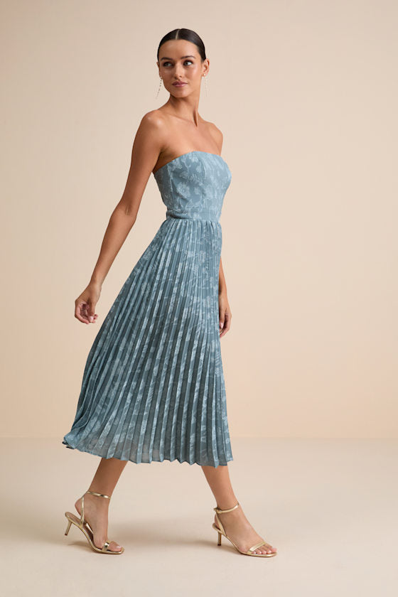 Perfectly Stunning Slate Blue Jacquard Strapless Midi Dress