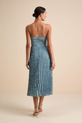 Perfectly Stunning Slate Blue Jacquard Strapless Midi Dress