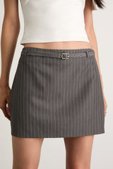 Niccola Grey Pinstriped Belted Low-Rise Mini Skirt