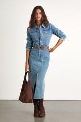 Alarie Medium Wash Denim Long Sleeve Midi Dress