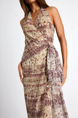 Francine Beige Multi Boho Print Halter Midi Dress