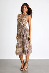 Francine Beige Multi Boho Print Halter Midi Dress