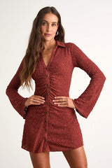 Marcella Rust Red Jacquard Button-Front Mini Dress