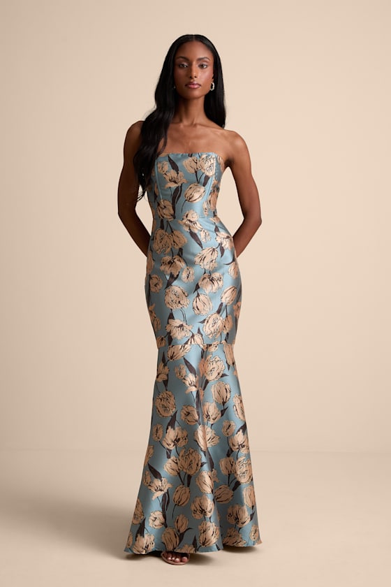 Gowning Around Slate Blue Floral Jacquard Strapless Maxi Dress