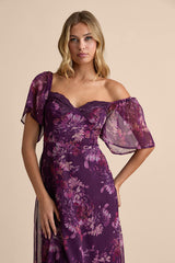 Valla Purple Floral Flutter Sleeve Midi Dress