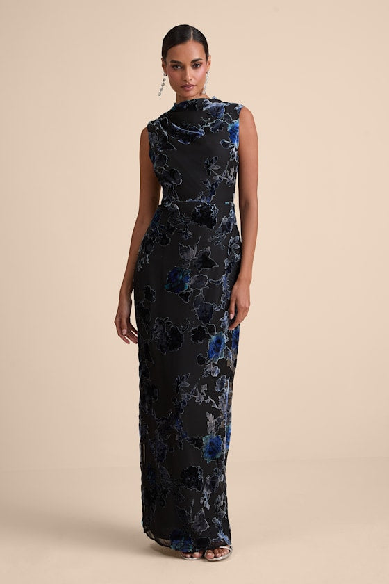 Composed Glamour Blue and Black Floral Burnout Velvet Maxi Dress