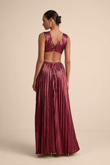 Shining Luxury Wine Red Metallic Lurex Cutout Maxi Dress