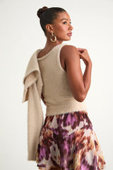 Mekea Beige Eyelash Knit Tank Top and Cropped Cardigan Set