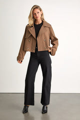 Donley Light Brown Double-Breasted Cropped Trench Coat