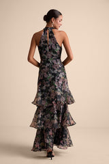 Forever Exceptional Black Floral Halter Organza Maxi Dress