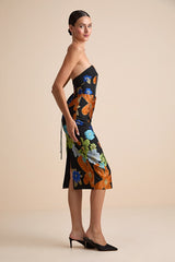Wesson Black Floral Jacquard Lace-Up Strapless Midi Dress