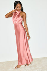 Distinctive Charm Rose Pink Satin Asymmetrical Maxi Dress