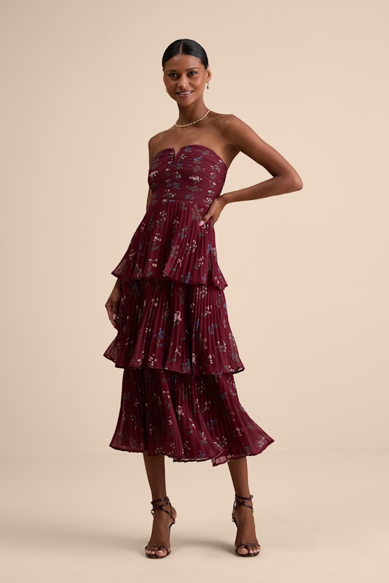 Hadelyn Wine Red Floral Pleated Tiered Midi Dress
