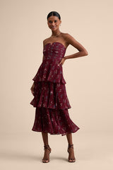 Hadelyn Wine Red Floral Pleated Tiered Midi Dress