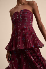 Hadelyn Wine Red Floral Pleated Tiered Midi Dress