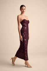 Beyza Burgundy Sequin Beaded Strapless Midi Dress