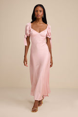 Santa Marta Blush Pink Satin Puff Sleeve Bow Maxi Dress
