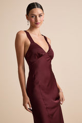 Ellena Burgundy Satin Slip Midi Dress