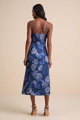 Favorite Icon Dark Blue Floral Satin Cowl Neck Slip Midi Dress