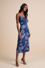 Favorite Icon Dark Blue Floral Satin Cowl Neck Slip Midi Dress