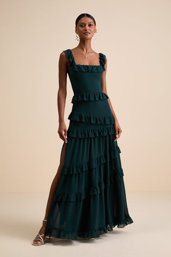 Compelling Romantic Dark Green Ruffled Tiered Maxi Dress