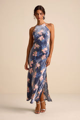 Mannon Slate Blue Floral and Bow Print Backless Maxi Dress