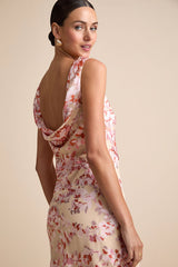 Tarice Beige Floral Jacquard Cowl Back Midi Dress