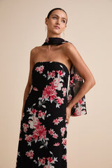 Rawya Black Floral Strapless Maxi Dress and Scarf Set