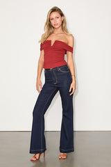 Reema Rust Red Ribbed Notched Off-the-Shoulder Top