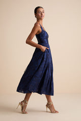 Loira Navy Burnout Jacquard Lace-Up Midi Dress