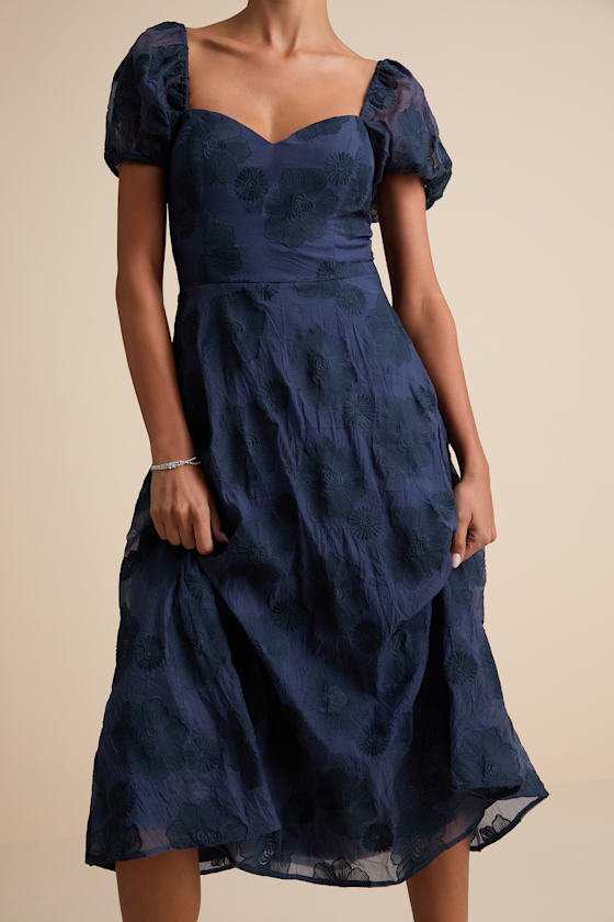 Sweetest Behavior Navy Embroidered Puff Sleeve Midi Dress