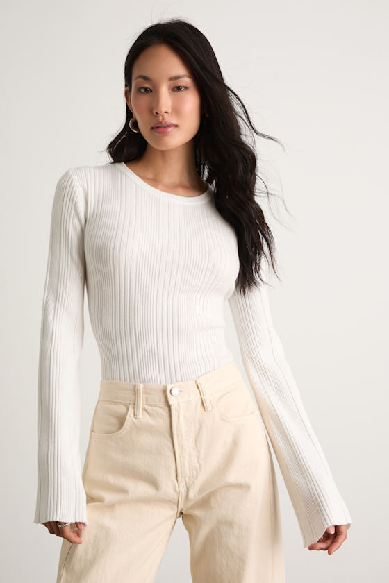 Nydia White Ribbed Long Sleeve Sweater Top