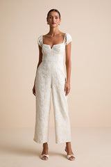 New Glam Cream Floral Jacquard Bustier Off-the-Shoulder Jumpsuit
