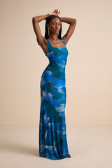 Zemina Blue Abstract Godet Pleated Mermaid Maxi Dress