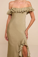 Eloisa Light Olive Satin Off-the-Shoulder Maxi Dress