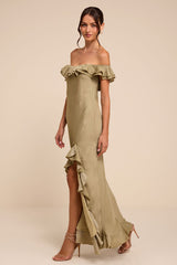 Eloisa Light Olive Satin Off-the-Shoulder Maxi Dress