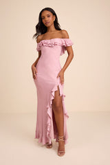 Eloisa Lilac Satin Off-the-Shoulder Maxi Dress