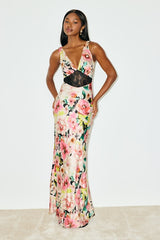 Solaina Pink and Black Multi Floral Satin Lace Maxi Dress