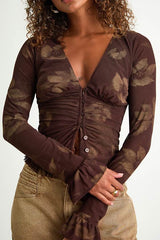 Glynn Brown Floral Mesh Long Sleeve Top