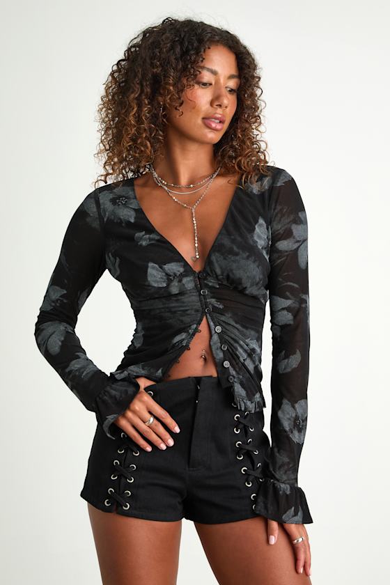 Glynn Black Floral Mesh Long Sleeve Top