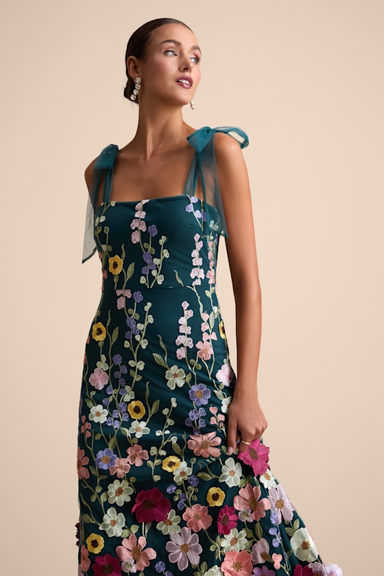 Thriving Poise Teal 3D Floral Embroidered Tie-Strap Maxi Dress