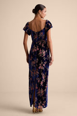 Confidently Impressive Blue Velvet Off-the-Shoulder Maxi Dress