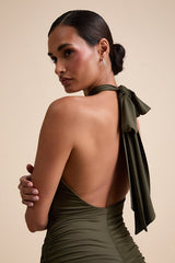 Seraiah Olive Green Knotted Ruched Halter Maxi Dress