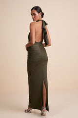 Seraiah Olive Green Knotted Ruched Halter Maxi Dress