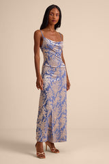 Jessica Periwinkle Velvet Jacquard Cowl Neck Maxi Dress