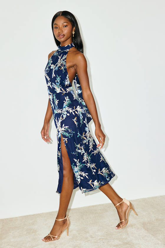 Lizbeth Navy Floral Jacquard Backless Midi Dress